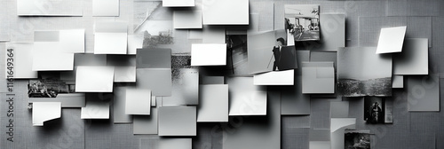 Abstract Monochrome Collage, Papers and Memories Intertwined, Creating a Visual Narrative of Time and Place.
