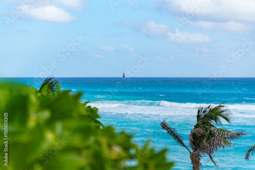 A Serene Ocean View Surrounded by Lush Tropical Foliage and a Sailboat in the Distance