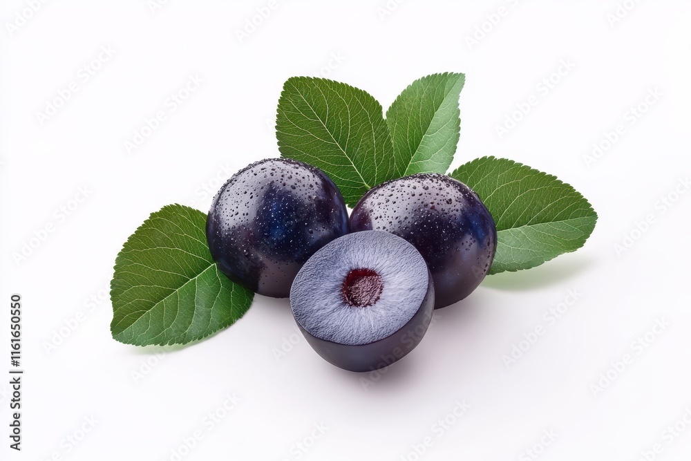 Isolated plums with leaves on a white background Food photography with clipping path Isolated plums with leaves on a white background Food photography with clipping path