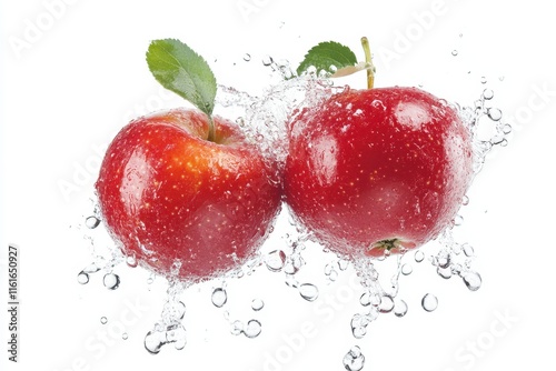 Isolated splash of a red Japanese apple in water on a white background featuring water droplets and a clipping path
