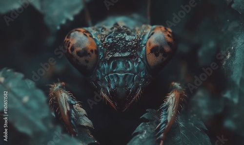 Close-up of a praying mantis camouflaged in foliage.