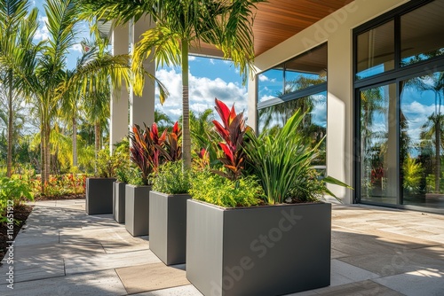 Large gray metal planters featuring plants and a contemporary terrace design with varied materials