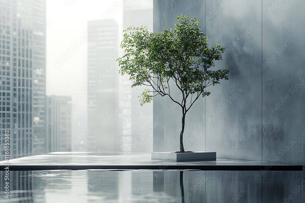 Obraz premium Urban Oasis: Minimalist Tree in Modern Concrete Skyscraper