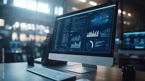 Data analytics displayed on a desktop computer in a modern office.