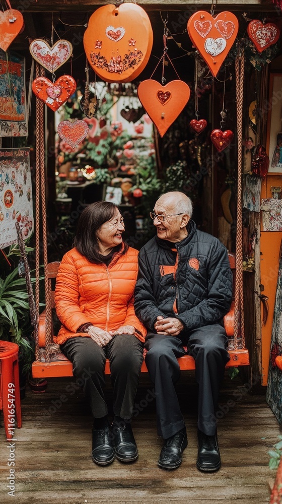 Naklejka premium Smiling elderly couple sitting on a decorated bench surrounded by Valentines Day hearts