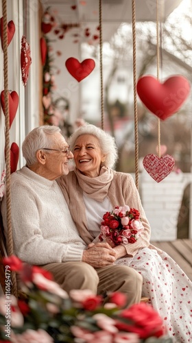 Elderly couple smiling on a swing surrounded by Valentine's Day decorations and roses