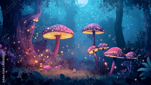 Glowing Mushrooms Illuminate A Magical Forest Night photo