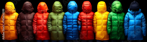 Colorful Puffer Jackets, A Row of Warm Winter Apparel, Ready for Snowy Adventures in Style. photo