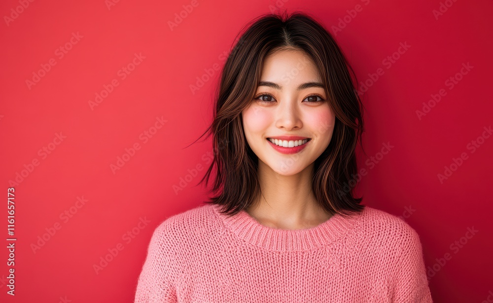 An Asian woman in a red attire stands against a matching red background, exuding warmth and friendliness, perfect for red-themed marketing campaigns. An Asian woman in a red attire stands against a matching red background, exuding warmth and friendliness, perfect for red-themed marketing campaigns.