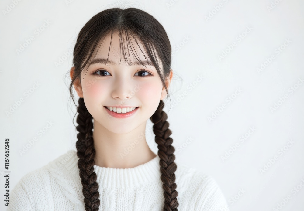 A young Asian woman with Braided Hairstyle poses in a bikini against a white background. Her stylish swimwear and natural beauty are highlighted by the simplicity of the scene. A young Asian woman with Braided Hairstyle poses in a bikini against a white background. Her stylish swimwear and natural beauty are highlighted by the simplicity of the scene.