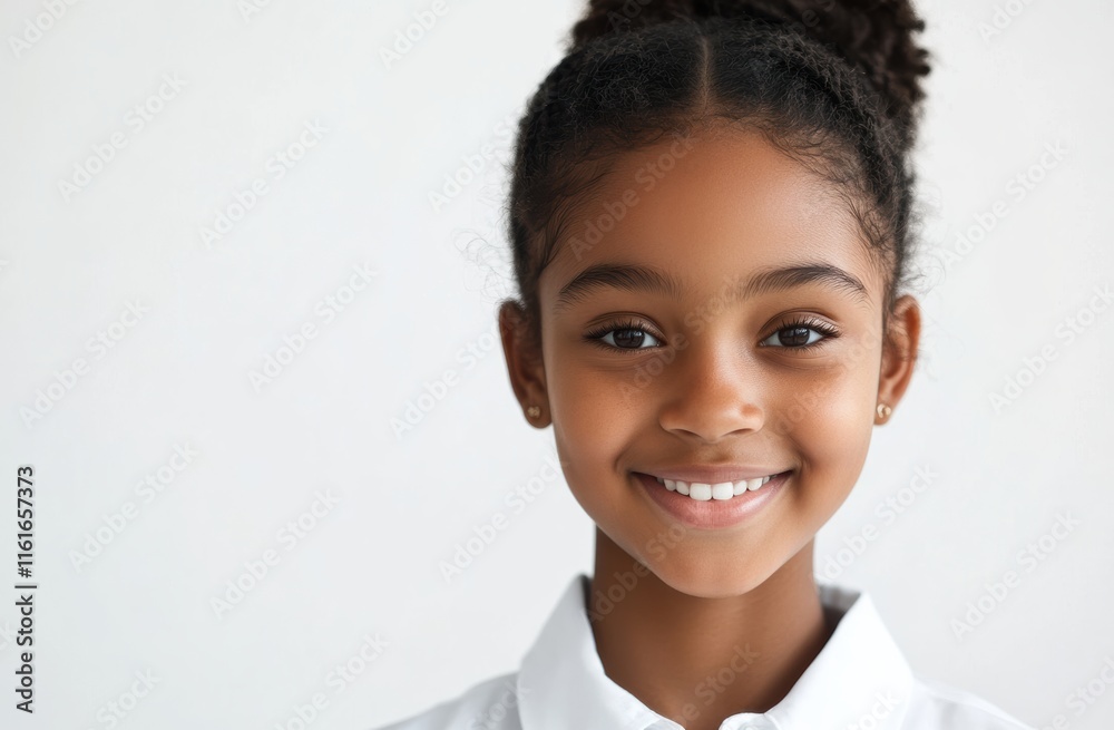 A young African girl bright smile stands out against a white background, highlighting her natural beauty and pure innocence in this charming portrait. A young African girl bright smile stands out against a white background, highlighting her natural beauty and pure innocence in this charming portrait.