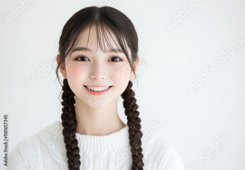 A young Asian woman with Braided Hairstyle poses in a bikini against a white background. Her stylish swimwear and natural beauty are highlighted by the simplicity of the scene. photo