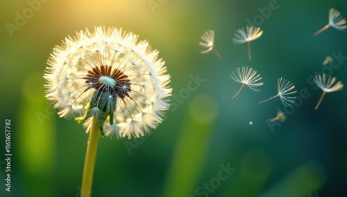Fluffy dandelion seed head dispersing seeds in breeze, seeds, ethereal photo