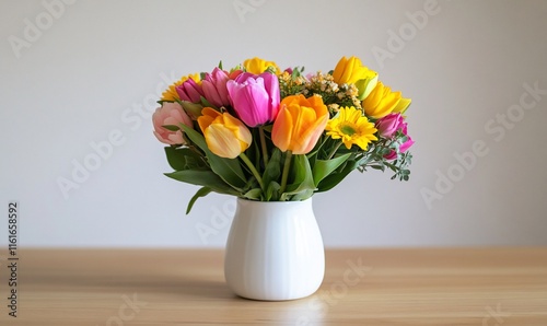 Wallpaper Mural A vibrant bouquet of tulips and daisies in a white vase on a table. Torontodigital.ca