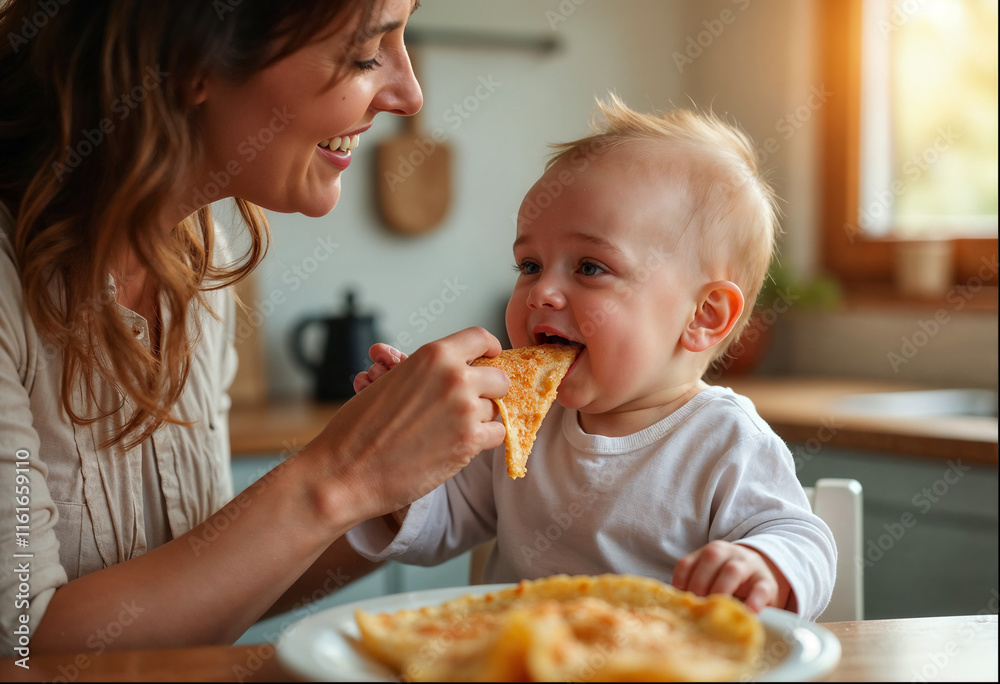 Smiling mother and baby sharing a crepe during Maslenitsa in a sunlit kitchen Smiling mother and baby sharing a crepe during Maslenitsa in a sunlit kitchen