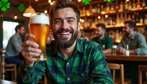 Happy man in a green plaid shirt holding a pint of beer at a pub, celebrating St. Patrick's Day photo