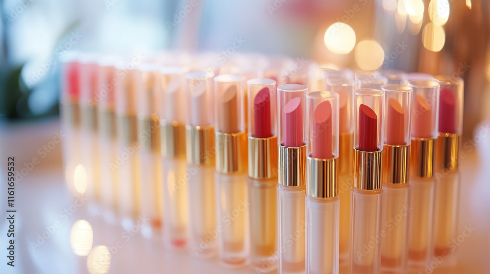 neatly organized collection of sheer lipsticks in various shades, showcasing beautiful display with soft lighting. Perfect for beauty enthusiasts and makeup lovers neatly organized collection of sheer lipsticks in various shades, showcasing beautiful display with soft lighting. Perfect for beauty enthusiasts and makeup lovers