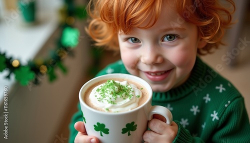 Smiling Ginger Child Holding Festive Mug for Saint Patrick's Day Celebration photo