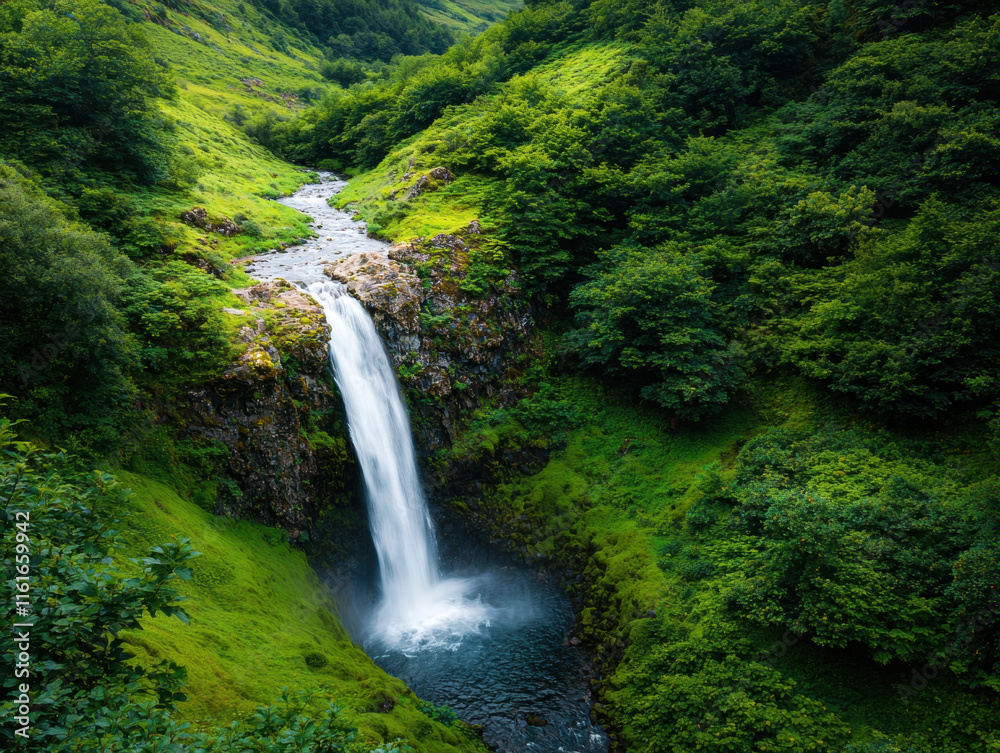 A serene waterfall cascades through lush greenery, surrounded by vibrant hills and a tranquil river, creating a picturesque natural landscape. A serene waterfall cascades through lush greenery, surrounded by vibrant hills and a tranquil river, creating a picturesque natural landscape.