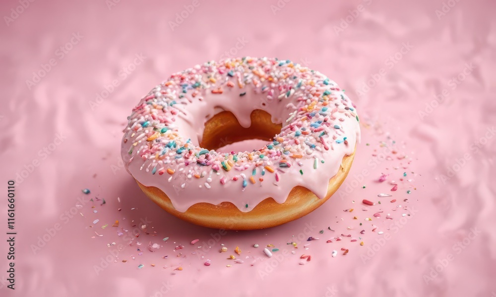 Tiny colorful candy sprinkles covering a pastel pink donut,  dessert decorations,  bakery items,  donut toppings