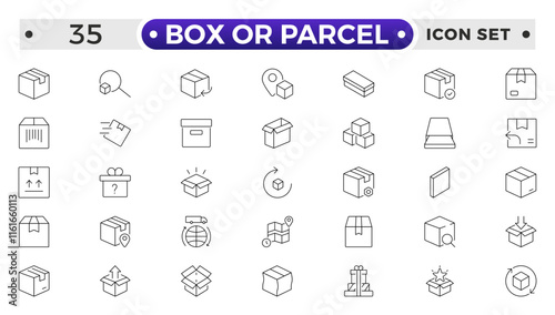 Box or Parcel outline icon vector set. Containing storehouse, stock, package storage, machine, process, cargo truck, courier, step and productivity, forklift, freight, lorry, moving.