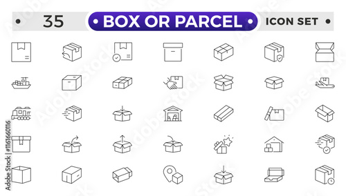 Box or Parcel outline icon vector set. Containing storehouse, stock, package storage, machine, process, cargo truck, courier, step and productivity, forklift, freight, lorry, moving.