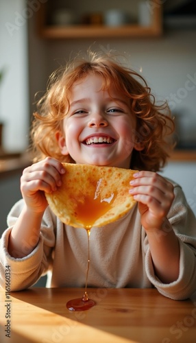 Adorable red hair child enjoying crepes during a festive Maslenitsa breakfast