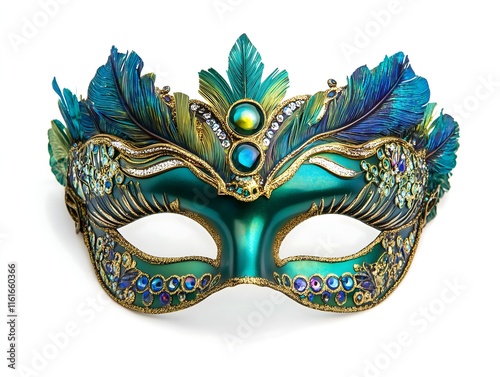 Exquisite Green and Gold Masquerade Mask with Peacock Feather Details and Gemstone Accents - Perfect for Carnival, Masquerade Balls, and Elegant Celebrations