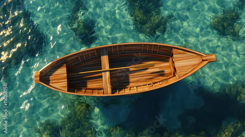 top down view of wooden boat on calm, clear blue water, surrounded by vibrant aquatic plants. serene scene evokes sense of tranquility and adventure