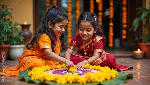 Indian girls in traditional attire lighting diyas during Diwali festival celebration photo