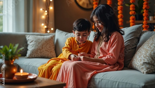 Indian sister tying rakhi on brother's wrist during Raksha Bandhan celebration at home photo