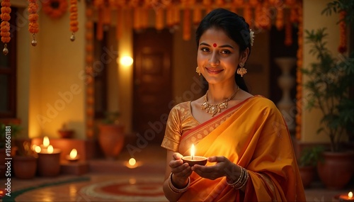 Indian woman in traditional sari holding a diya lamp during Diwali celebration photo