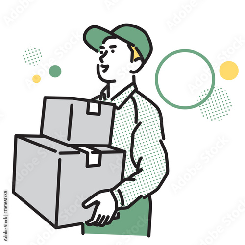 シンプル　イラスト　荷物の段ボールを運ぶ笑顔の配達員の男性