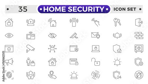 Set of Home Security  web icons in line style. Guard, cyber security, password, smart home, safety, data protection, key, shield, lock, unlock, eye access. Security outline icon.