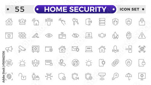 Set of Home Security  web icons in line style. Guard, cyber security, password, smart home, safety, data protection, key, shield, lock, unlock, eye access. Security outline icon.