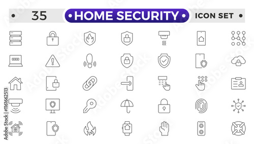 Set of Home Security  web icons in line style. Guard, cyber security, password, smart home, safety, data protection, key, shield, lock, unlock, eye access. Security outline icon.
