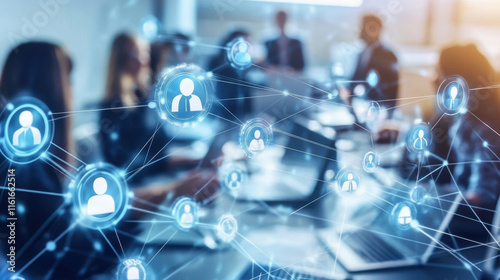 Virtual office environment with digital networking connections, showcasing collaboration and communication among team members in modern workspace