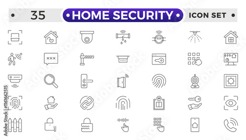 Set of Home Security  web icons in line style. Guard, cyber security, password, smart home, safety, data protection, key, shield, lock, unlock, eye access. Security outline icon.