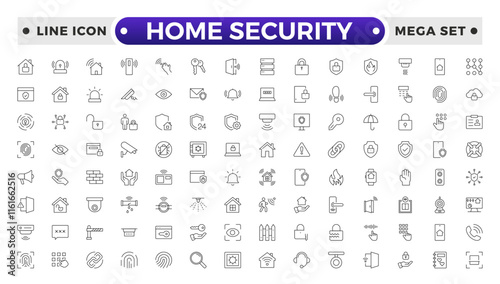 Set of Home Security  web icons in line style. Guard, cyber security, password, smart home, safety, data protection, key, shield, lock, unlock, eye access. Security outline icon.