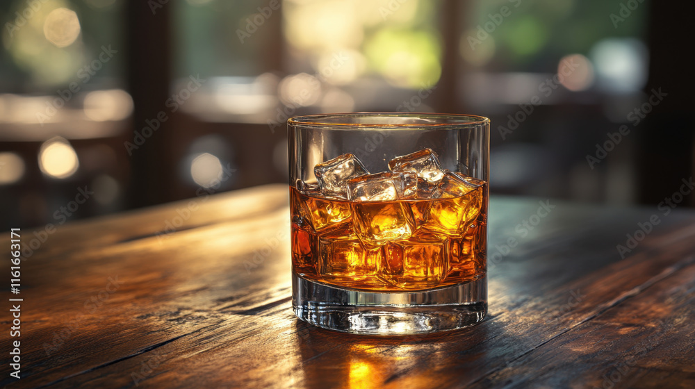 glass of fine whiskey with ice cubes sits on wooden table, illuminated by warm sunlight. rich amber color and reflections create cozy atmosphere