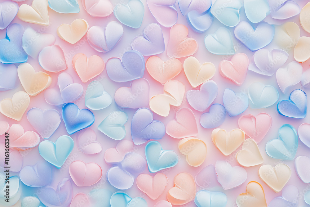 Valentine day. A pattern of pastel-colored, heart-shaped candies, arranged in a scattered fashion on the screen. Valentine day. A pattern of pastel-colored, heart-shaped candies, arranged in a scattered fashion on the screen.