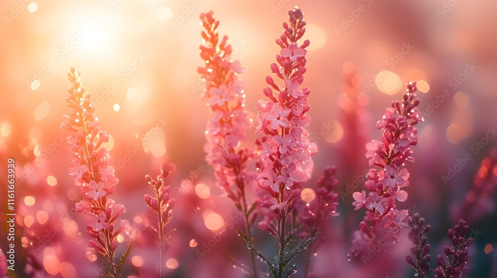 Naklejka premium Pink lilac flowers photographed in soft morning sunlight with dreamy bokeh, featuring dew drops on petals and golden hour glow in romantic garden setting.