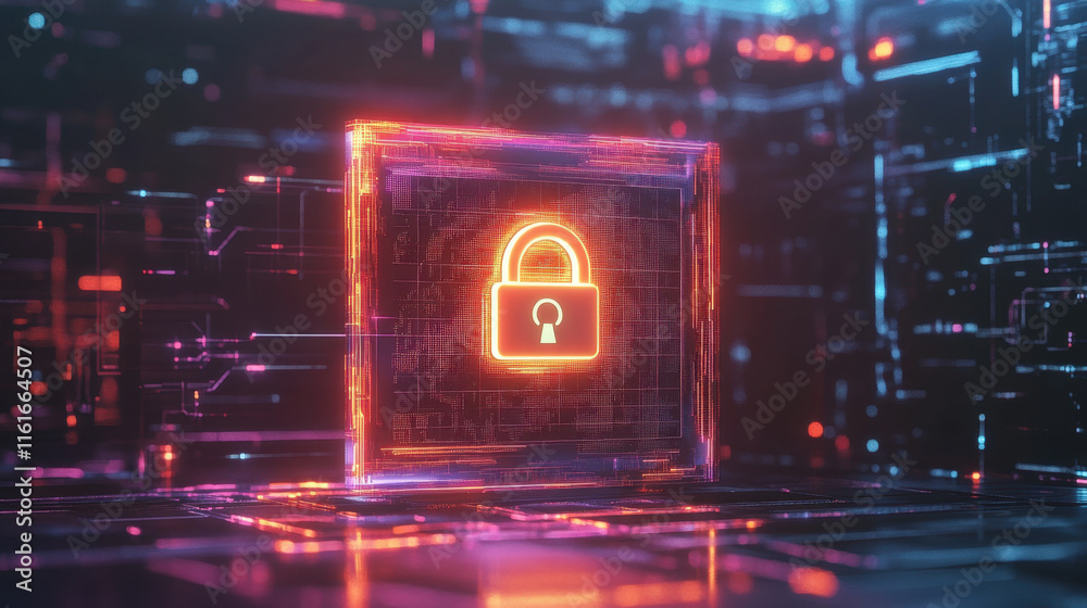 Fototapeta premium modern digital representation of secure website with glowing padlock symbol, emphasizing cybersecurity and data protection in vibrant, high tech environment