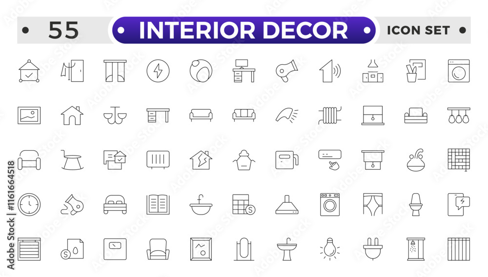 Home interior and furniture elements - thin line web icon set. Outline icons of kitchen, living room, bedroom and office collection. Simple vector illustration. Home interior and furniture elements - thin line web icon set. Outline icons of kitchen, living room, bedroom and office collection. Simple vector illustration.