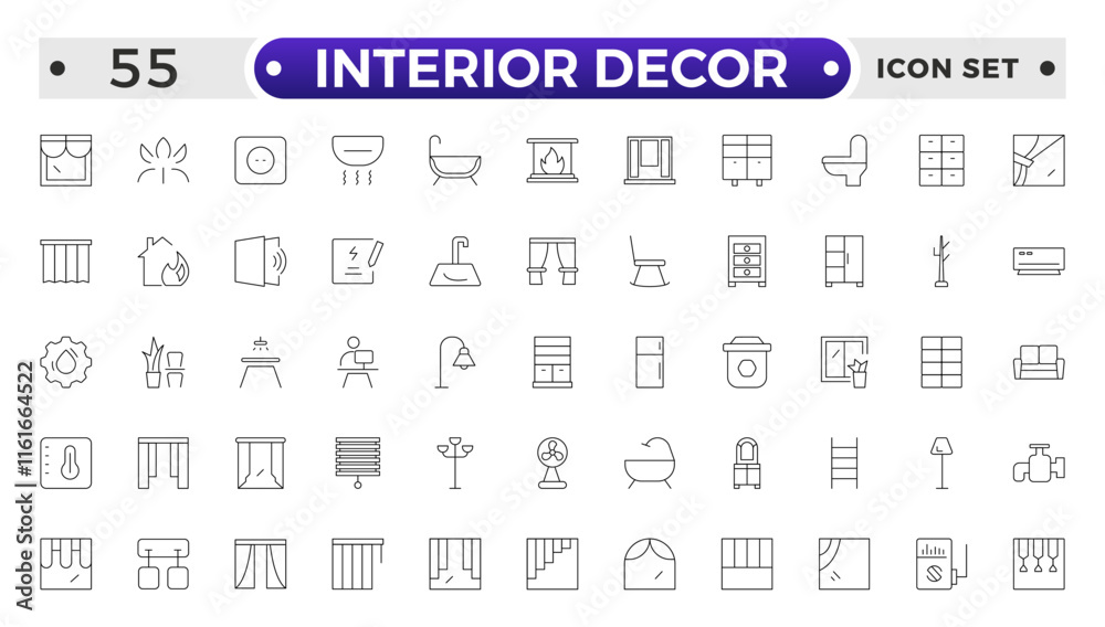 Home interior and furniture elements - thin line web icon set. Outline icons of kitchen, living room, bedroom and office collection. Simple vector illustration. Home interior and furniture elements - thin line web icon set. Outline icons of kitchen, living room, bedroom and office collection. Simple vector illustration.