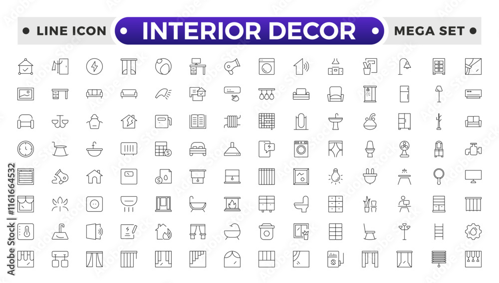 Home interior and furniture elements - thin line web icon set. Outline icons of kitchen, living room, bedroom and office collection. Simple vector illustration.
