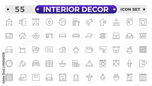 Home interior and furniture elements - thin line web icon set. Outline icons of kitchen, living room, bedroom and office collection. Simple vector illustration.