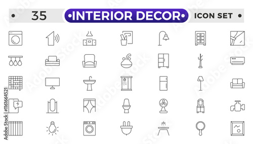 Home interior and furniture elements - thin line web icon set. Outline icons of kitchen, living room, bedroom and office collection. Simple vector illustration.