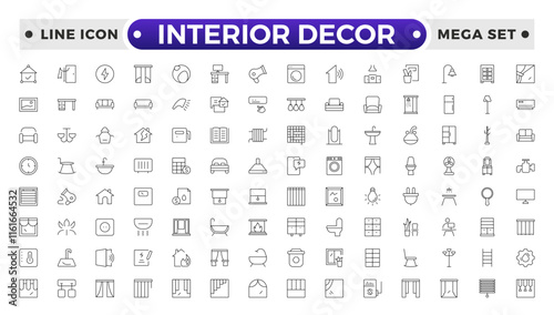 Home interior and furniture elements - thin line web icon set. Outline icons of kitchen, living room, bedroom and office collection. Simple vector illustration.