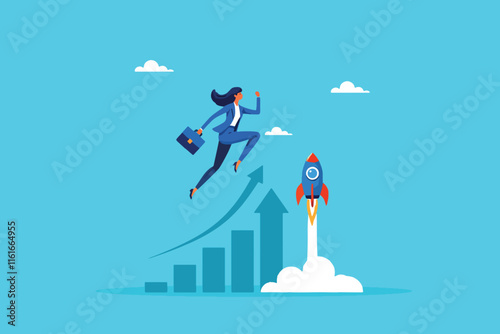 Fueling Success, A Businesswoman Propelling a Rocket on a Growing Chart of Achievement